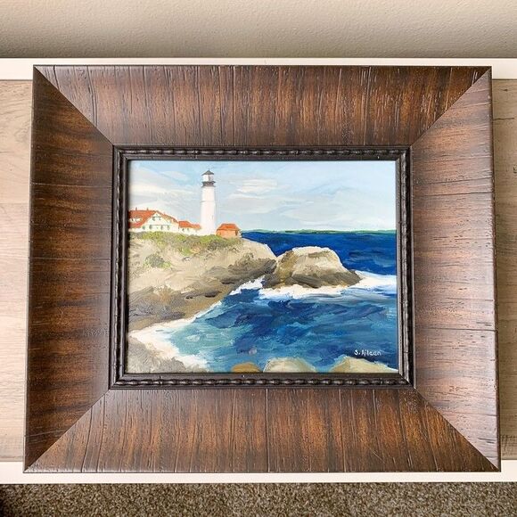 Framed Original Oil Painting Portland Head Lighthouse Seascape Signed 13x15" - Picture 2 of 10